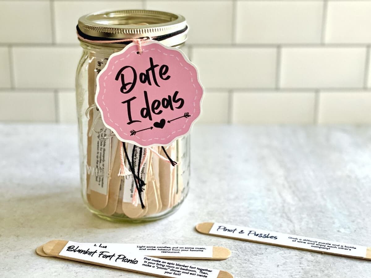 mason jar with pink tag reading "date ideas"